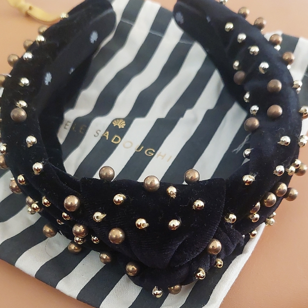 Lele Sadoughi Black Velvet Headband with Gold Embellishments